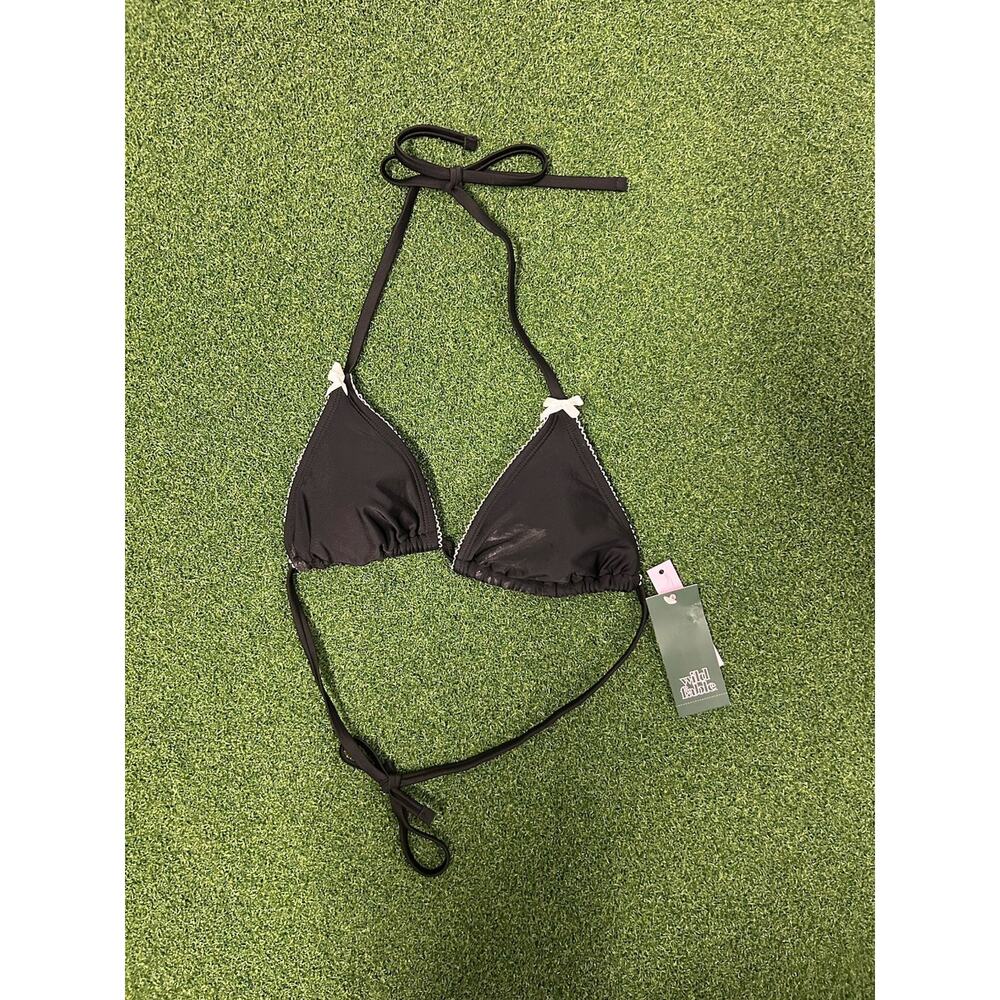 Wild Fable Bow String Bikini Swimsuit Top Women XS Black White Trim Silky